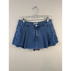 Love Tree Denim Pleated Mini Skort Medium Wash High Rise Raw Hem Large 6928PN